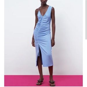Zara ruched asymmetrical dress in light blue